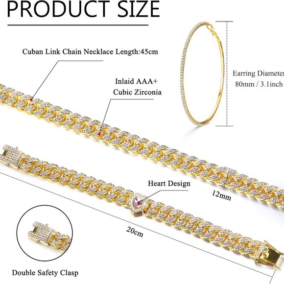 Cuban Link Chain Jewelry Set Cuban Chain Necklace Cuban Link Bracelet Rhinestone - Picture 2 of 6